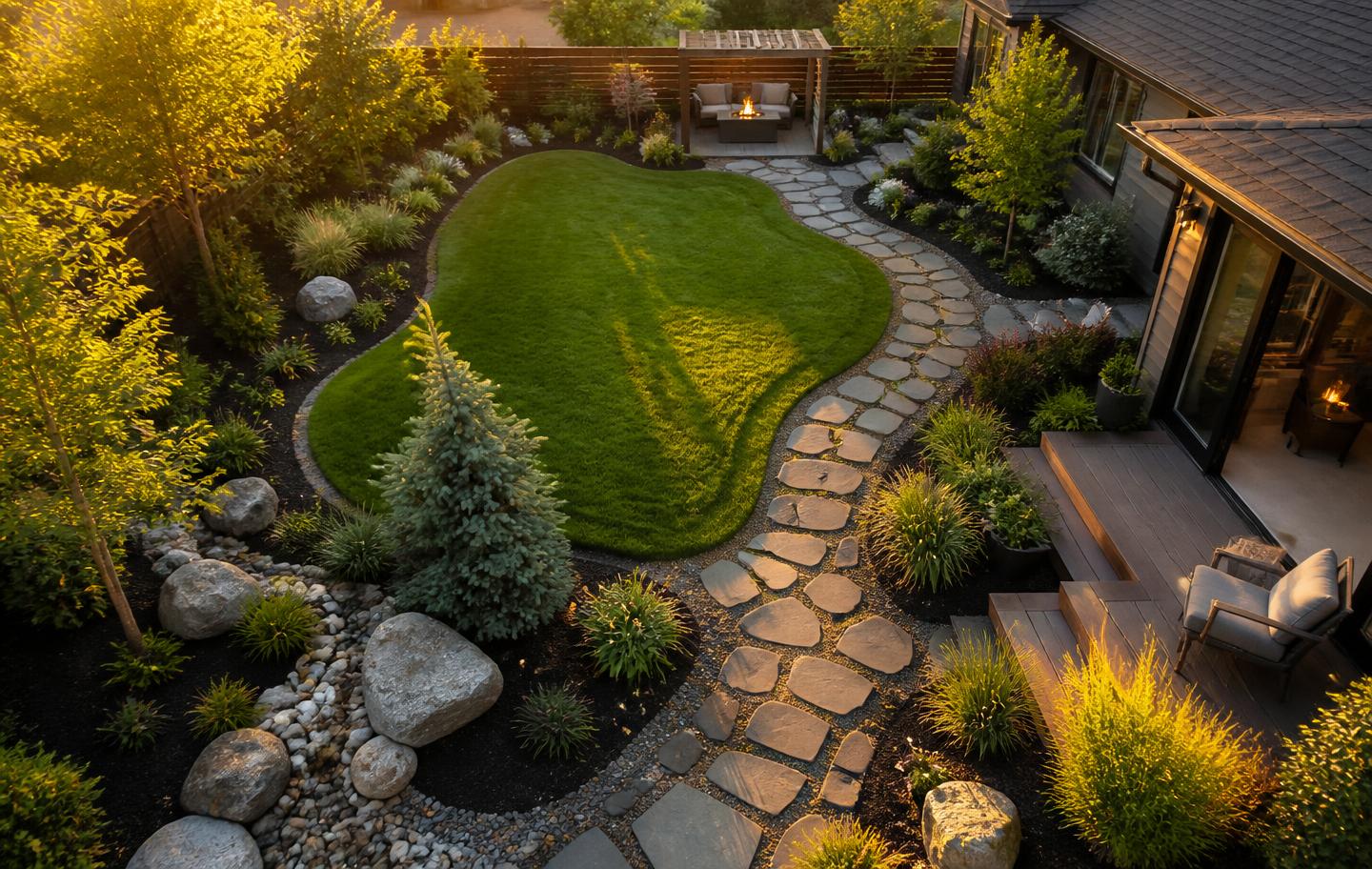 Freshly maintained lawn and garden beds in front of a suburban home
